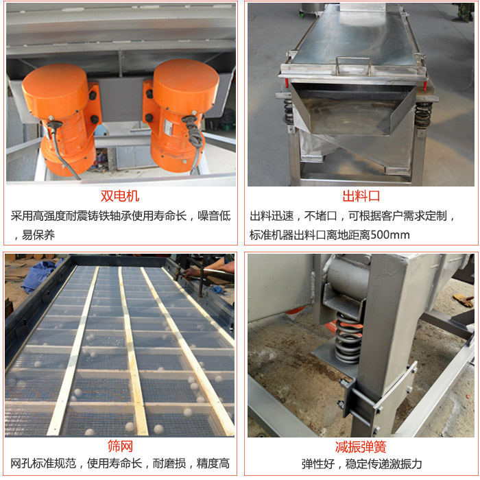 線振動篩配件優(yōu)勢：雙電機采用高強度耐震鑄鐵軸承使用壽命長，噪音低，易保養(yǎng)，出料口：出料迅速，不堵口，可根據(jù)客戶需求定制標準機器出料口離地距離500mm。篩網(wǎng)：網(wǎng)孔標準規(guī)范，使用壽命長，耐磨損，精度高。減震彈簧彈性好，穩(wěn)定傳遞激振力。